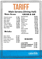 Tariff – Main Servery (Dining Hall)